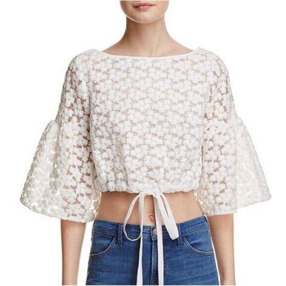 Milly Lydia Floral-Embroidered Lace Crop Top Women's S White‎ Bell Sleeve Boho